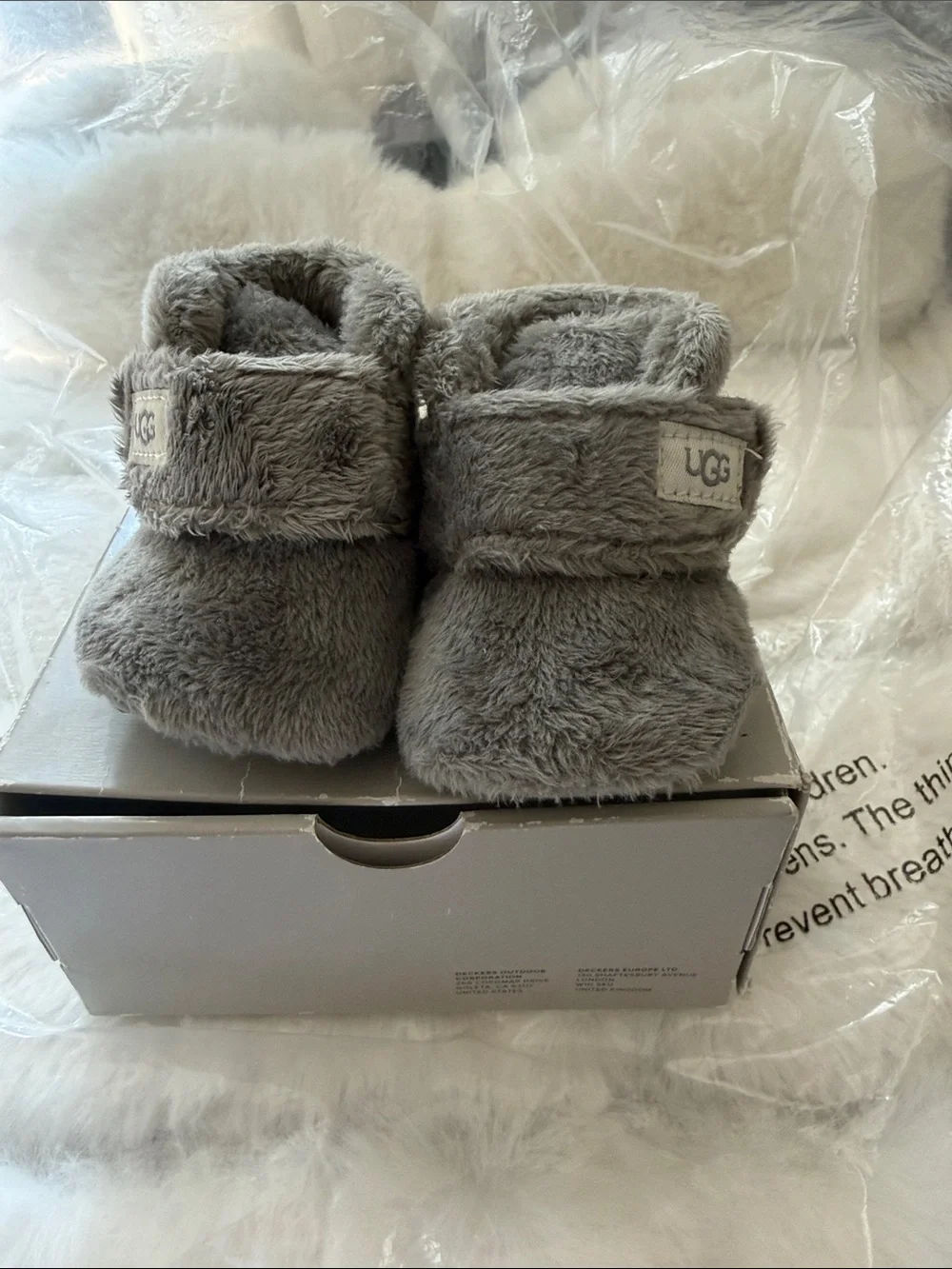 UGG Grey Plush Baby Booties with Ankle Strap